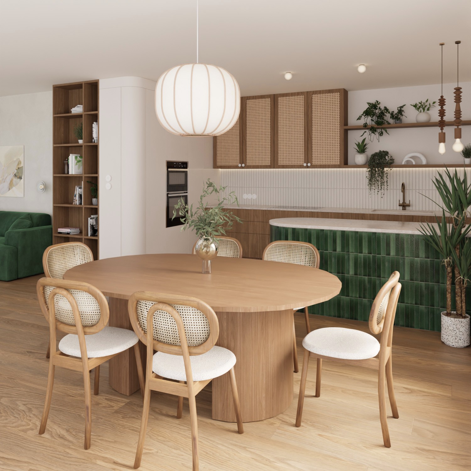 Ciepła kuchnia z zielonymi akcentami